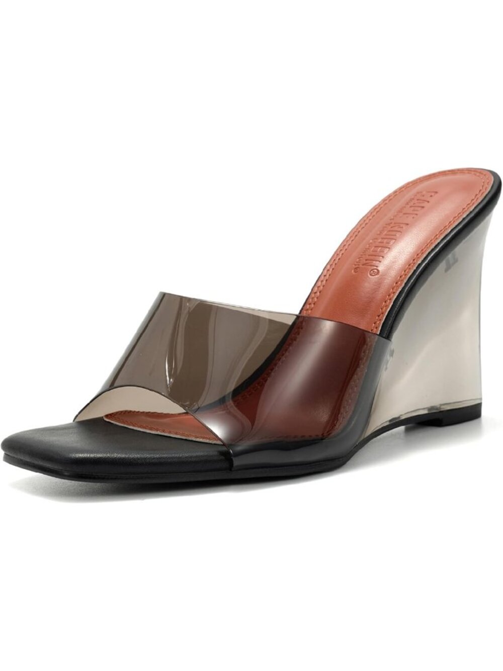 Clear Wedge Heels for Women - Square Toe Transparent Slip-On Sandals - 3.75